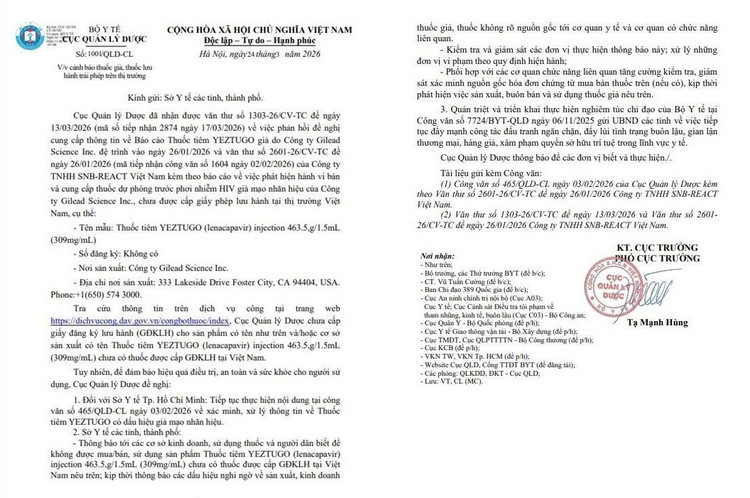Công văn số của Cục Quản lý Dược về việc cảnh báo thuốc tiêm YEZTUGO giả, lưu hành trái phép trên thị trường