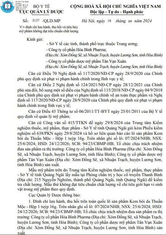 Công văn số 3137/QLD-MP ngày 18/9/2024 của Cục Quản lý Dược về việc đình chỉ lưu hành, thu hồi và tiêu hủy mỹ phẩm không đạt tiêu chuẩn chất lượng của Công ty Cổ phần Hòa Bình Pharma và Công ty Cổ phần dược mỹ phẩm Tân Vạn Xuân. Ảnh chụp màn hình