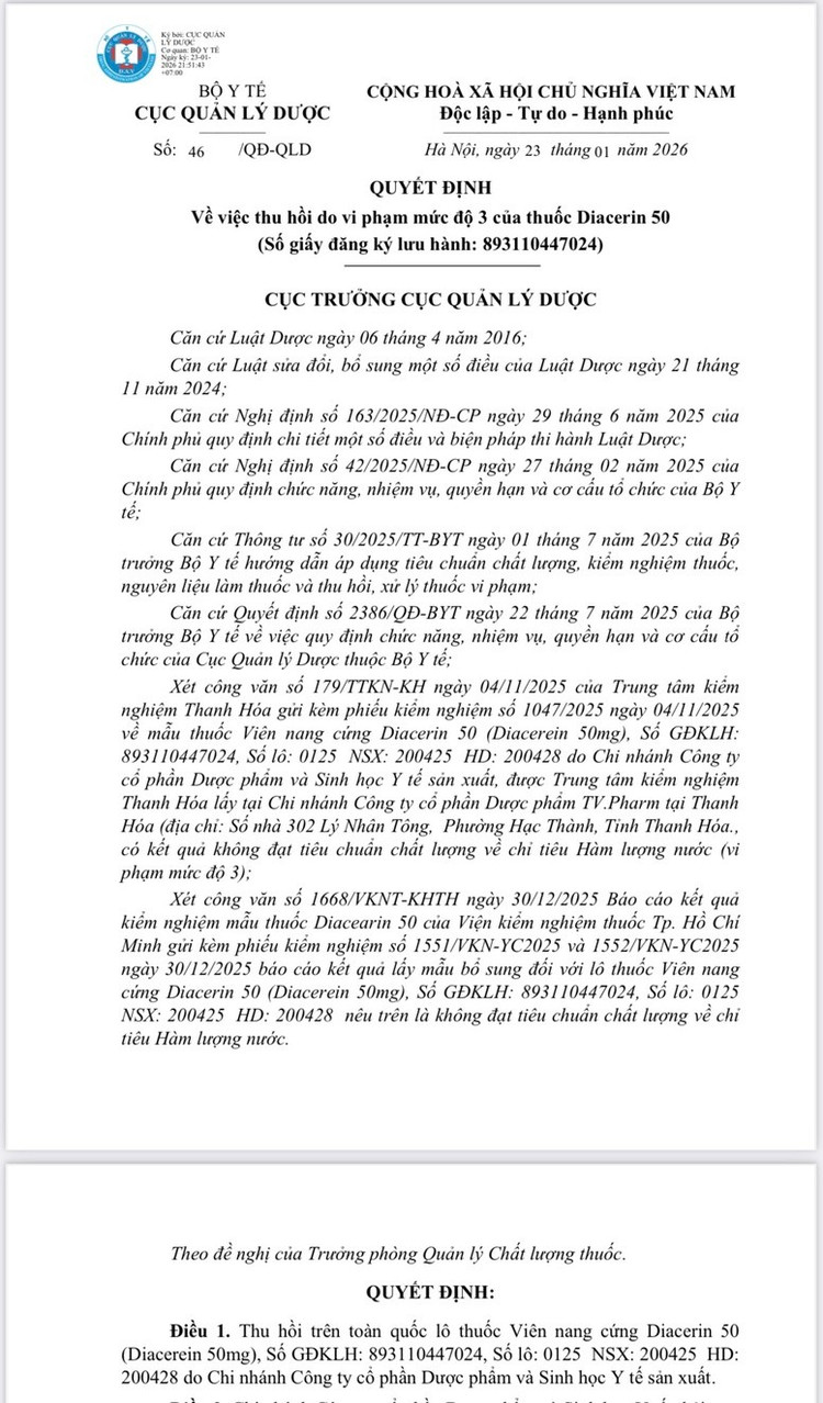 Thu hồi thuốc Diacerin 50 do vi phạm tiêu chuẩn chất lượng mức độ 3 ảnh 2