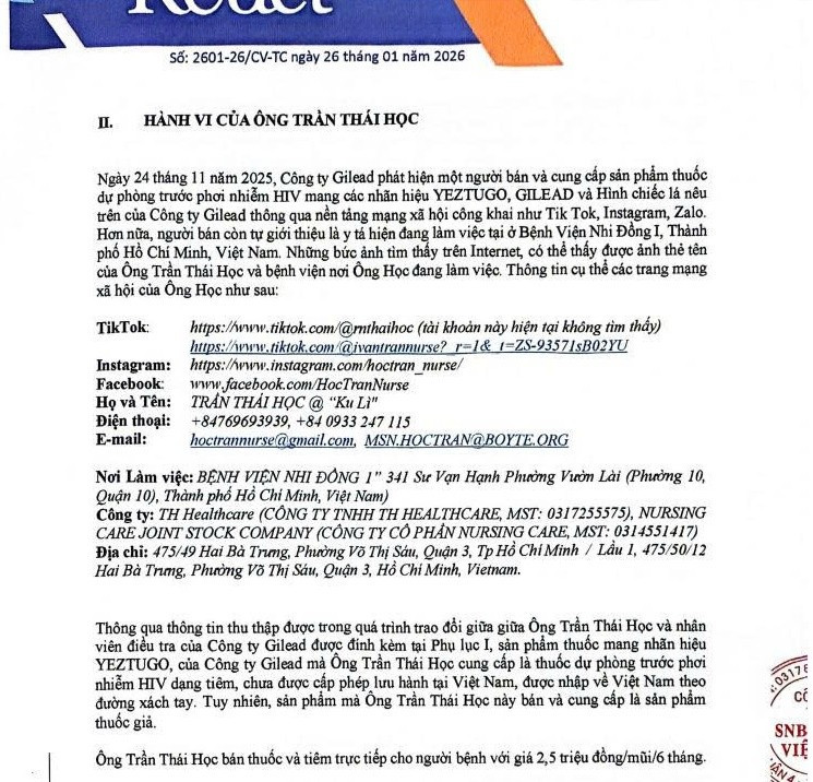 Báo cáo của Công ty Gilead Science Inc. Ảnh chụp màn hình/ Nguồn Cục Quản lý Dược
