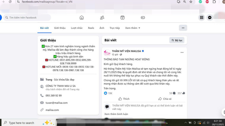Tối 27/11, trên trang Facebook tích xanh có 2,8 triệu người theo dõi, Thẩm mỹ viện Mailisa thông báo tạm ngừng hoạt động kể từ ngày 28/11 - Ảnh chụp màn hình