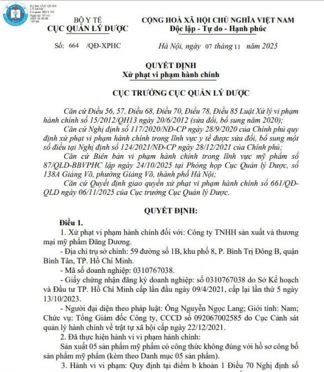 Quyết định xử phạt hành chính đối với Công ty TNHH Sản xuất và Thương mại mỹ phẩm Đăng Dương/ Ảnh chụp màn hình