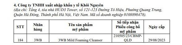 Danh mục 184 số tiếp nhận phiếu công bố sản phẩm mỹ phẩm bị thu hồi kèm theo Quyết định số 52/QĐ-QLD.
