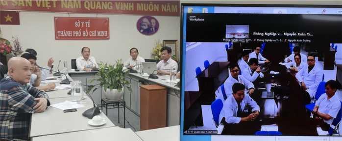 Lãnh đạo Sở Y tế TP HCM cùng ban giám đốc các bệnh viện nghe đoàn bác sĩ luân phiên công tác tại Côn Đảo báo cáo nhanh các hoạt động tại Trung tâm Y tế Quân dân Y Côn đảo.