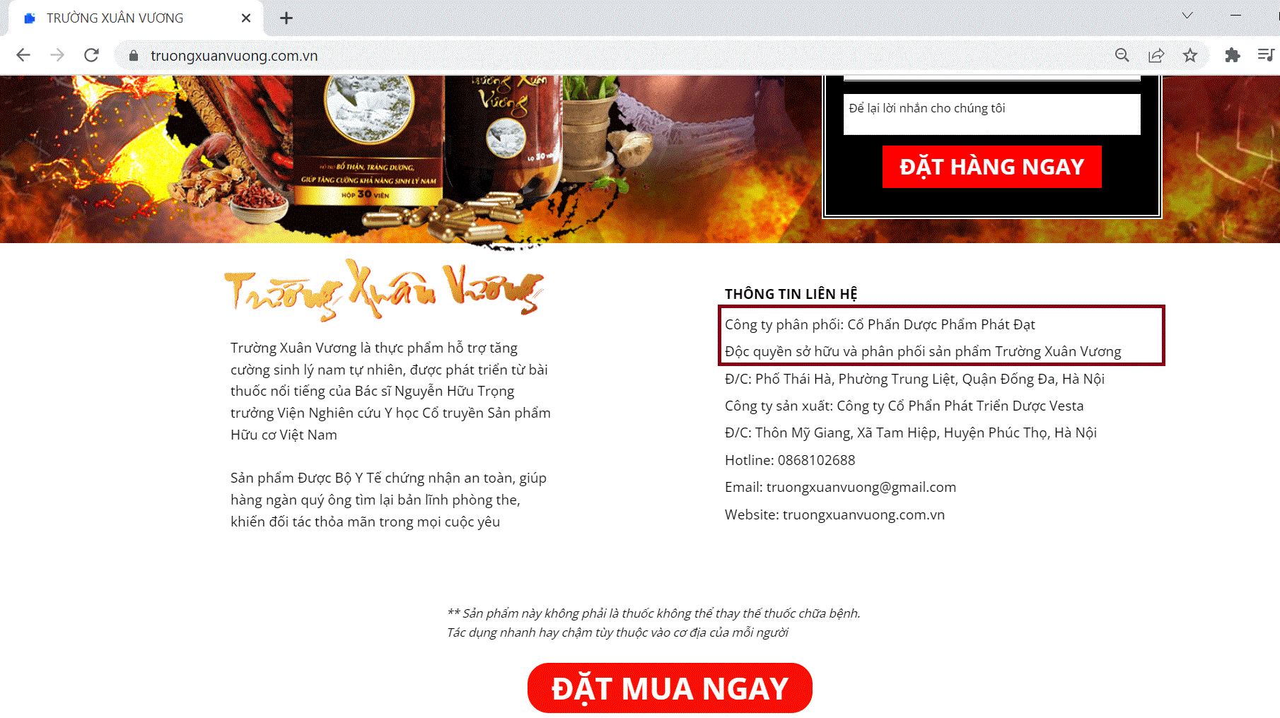Thông tin trên website hiển thị công ty phân phối là Cổ phần Dược Phẩm Phát Đạt.