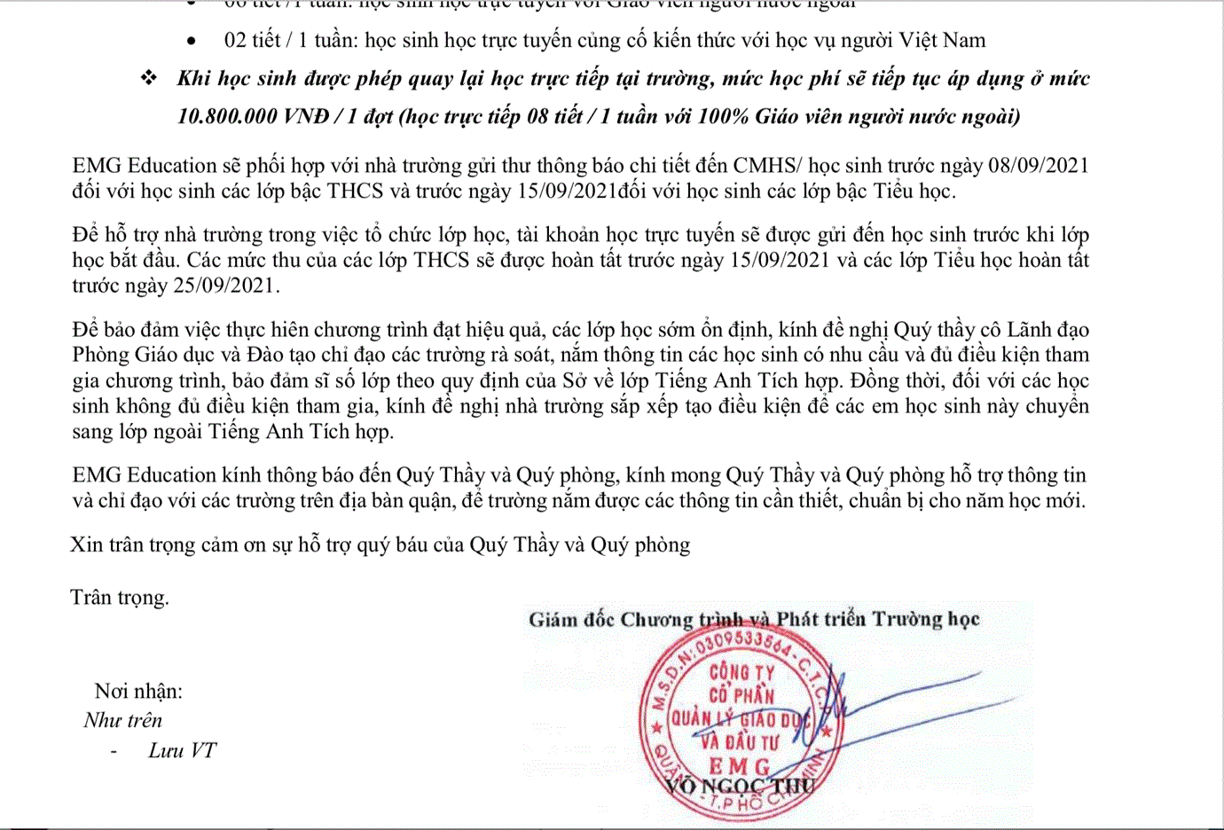 Công văn ngày 06/09/2021 vủa Công ty EMG.