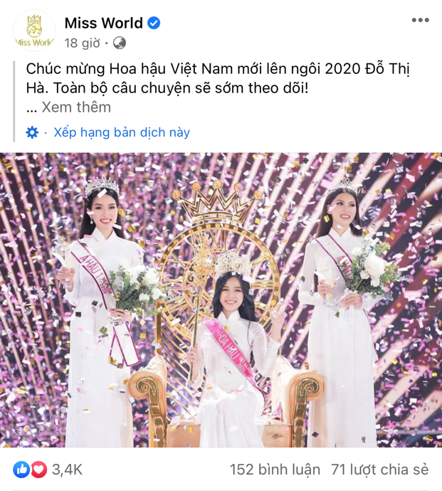 Trang chủ Miss World dành nhiều lời khen ngợi cho tân Hoa hậu Việt Nam Đỗ Thị Hà - ảnh 1