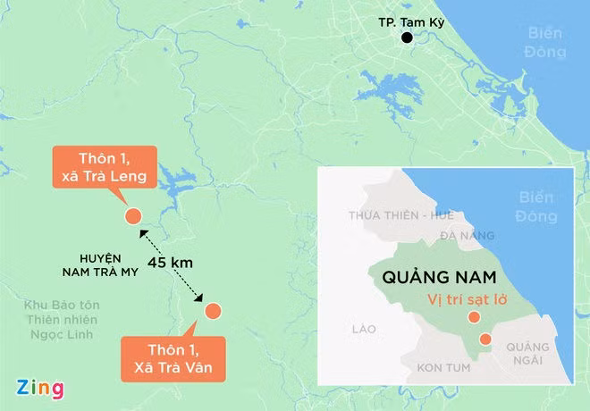 Xã Trà Leng và Trà Vân thuộc huyện Nam Trà My, nơi xảy ra 2 vụ sạt lở đất nghiêm trọng khiến 53 người bị vùi lấp. Đồ họa: Phượng Nguyễn.