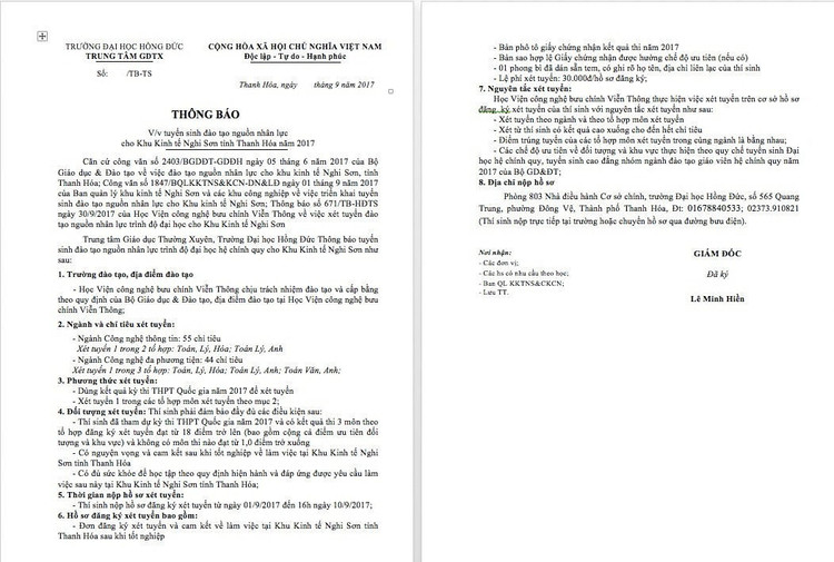 Thông báo tuyển sinh do ông Lê Minh Hiền - GĐ Trung tâm GDTX Đại học Hồng Đức ký nhận hồ sơ xét tuyển vào Học viện Công nghệ Bưu chính viễn thông chỉ... từ 18 điểm. Ảnh: X.H