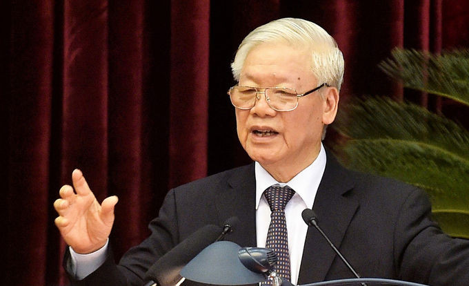 Tổng bí thư, Chủ tịch nước Nguyễn Phú Trọng phát biểu bế mạc Hội nghị Trung ương 13, sáng 9/10. Ảnh: VGP