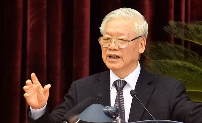 Tổng bí thư, Chủ tịch nước Nguyễn Phú Trọng phát biểu bế mạc Hội nghị Trung ương 13, sáng 9/10. Ảnh: VGP