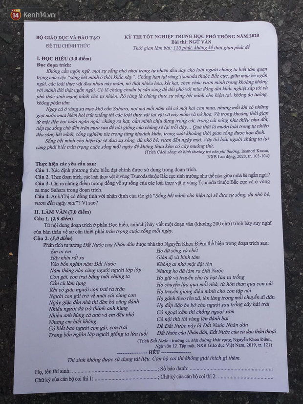 Đề thi tốt nghiệp THPT Quốc gia 2020 môn Văn - Ảnh 1.
