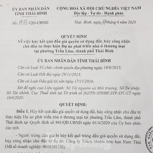 Thái Bình huỷ kết quả đấu giá 128 lô đất 'vàng' được Đường 'Nhuệ' rao bán - ảnh 1