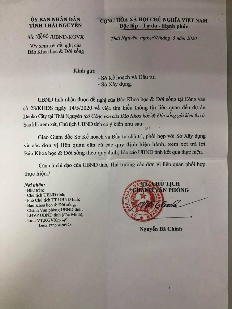 Văn bản số 1832/UBND- KGVX giao Sở KHĐT chủ trì, phối hợp với Sở Xây dựng và các đơn vị liên quan xem xét trả lời Báo KH&ĐS.Để làm rõ các điểm mờ trong hồ sơ năng lực của Danko Group. Nhưng PV không có cách nào để liên lạc với Sở KHĐT để làm việc theo chỉ đạo của UBND tỉnh.