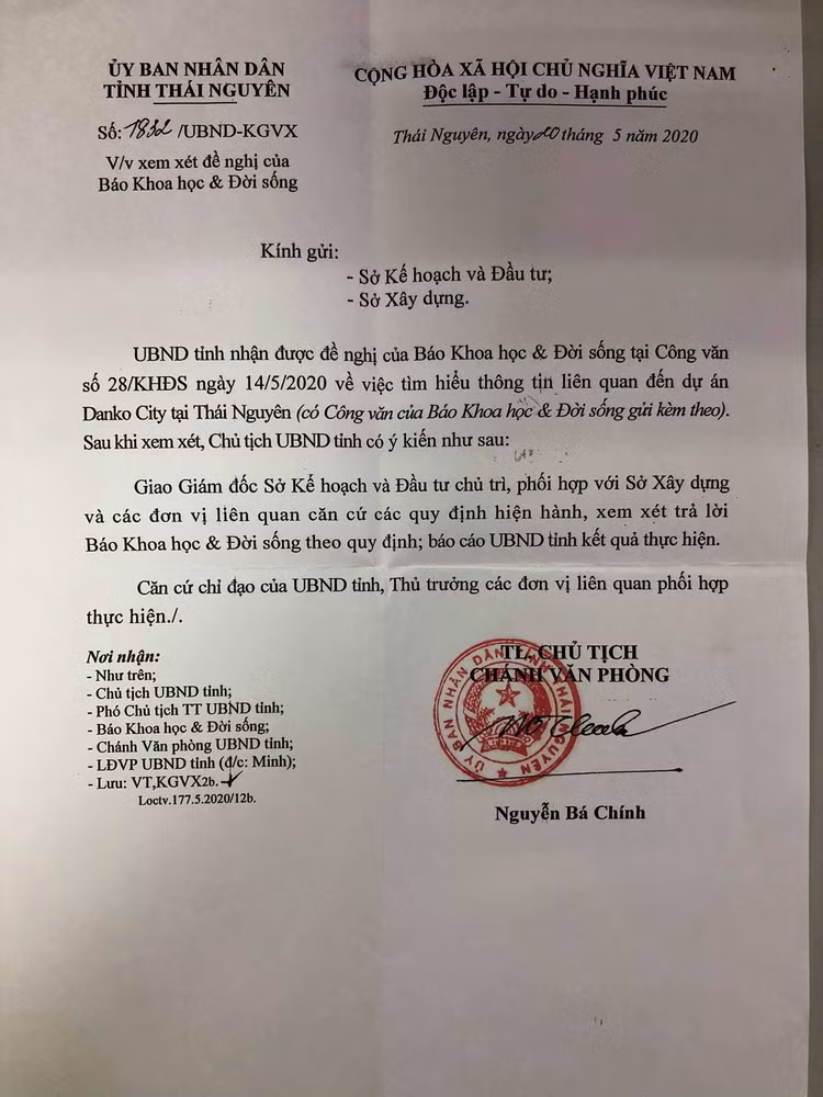 Văn bản số 1832/UBND- KGVX giao Sở KHĐT chủ trì, phối hợp với Sở Xây dựng và các đơn vị liên quan xem xét trả lời Báo KH&ĐS.Để làm rõ các điểm mờ trong hồ sơ năng lực của Danko Group. Nhưng PV không có cách nào để liên lạc với Sở KHĐT để làm việc theo chỉ đạo của UBND tỉnh.