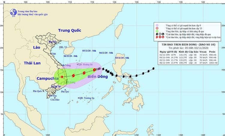 Bão số 10 di chuyển chậm, tăng cấp nhẹ khi vào gần bờ biển Quảng Ngãi - Khánh Hòa