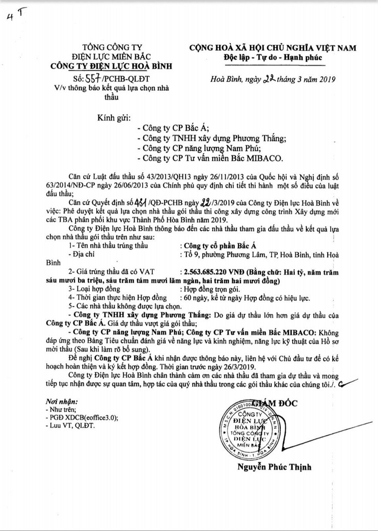 Thông báo kết quả lựa chọn nhà thầu của Công ty Điện lực Hòa Bình.