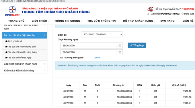 Theo dõi lượng điện tiêu thụ của một hộ gia đình ở Hà Nội trên website chăm sóc khách hàng. Ảnh chụp màn hình