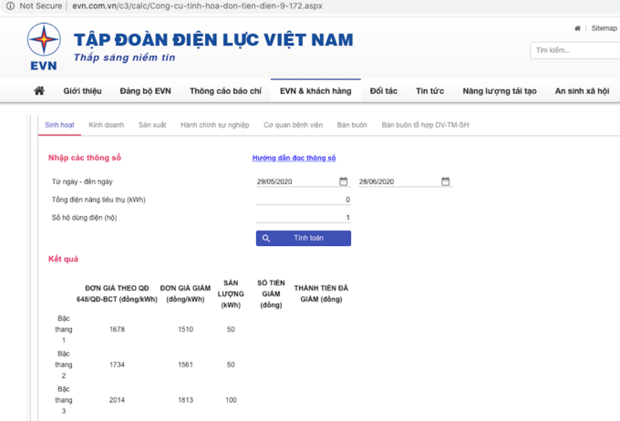 Công cụ tính hoá đơn tiền điện
