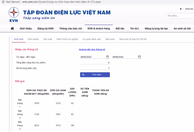 Công cụ tính hoá đơn tiền điện
