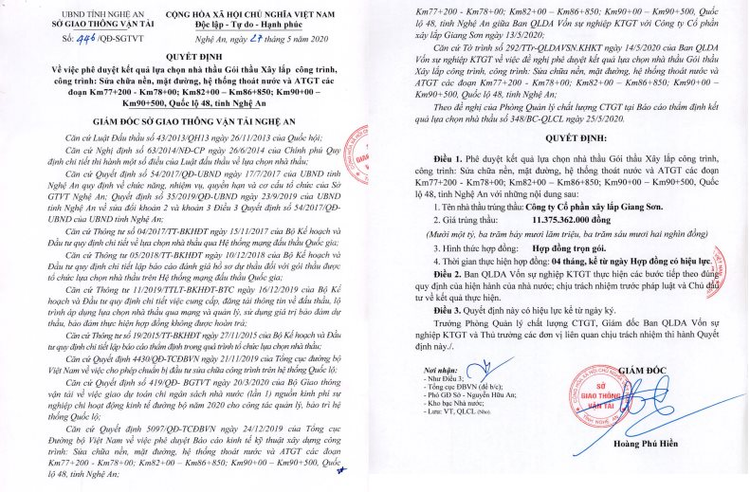 Quyết định phê duyệt lựa chọn Công ty CP xâp lắp Giang Sơn trúng thầu do ông Hoàng Phú Hiền, Giám đốc Sở GTVT Nghệ An ký ban hành.