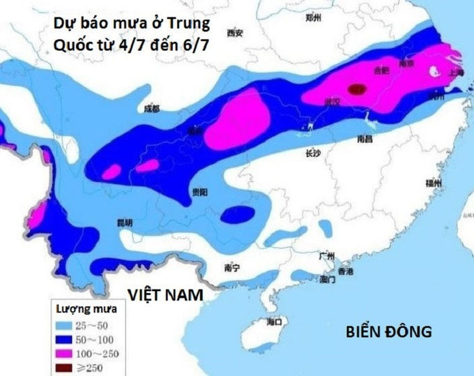 Bản đồ dự báo lượng mưa ở Trung Quốc từ ngày 4/7 đến 6/7. Đồ họa: CMA.