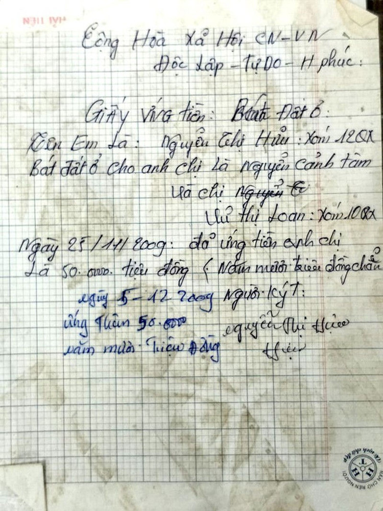 Giấy ứng tiền của bà Hựu