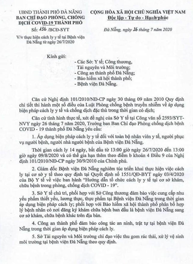 Cách ly y tế toàn bộ Bệnh viện Đà Nẵng từ nay đến 9/8 ảnh 1
