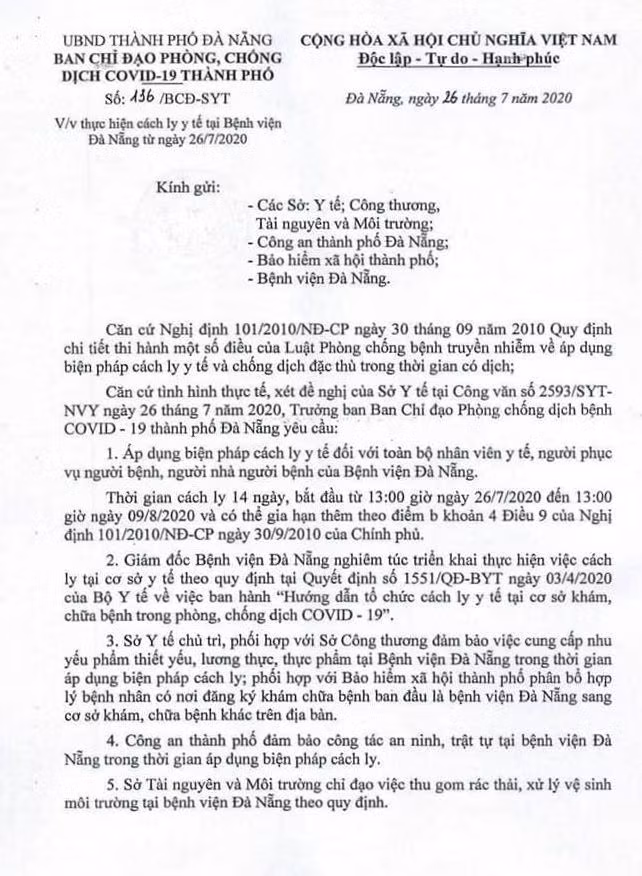 Cách ly y tế toàn bộ Bệnh viện Đà Nẵng từ nay đến 9/8 ảnh 1