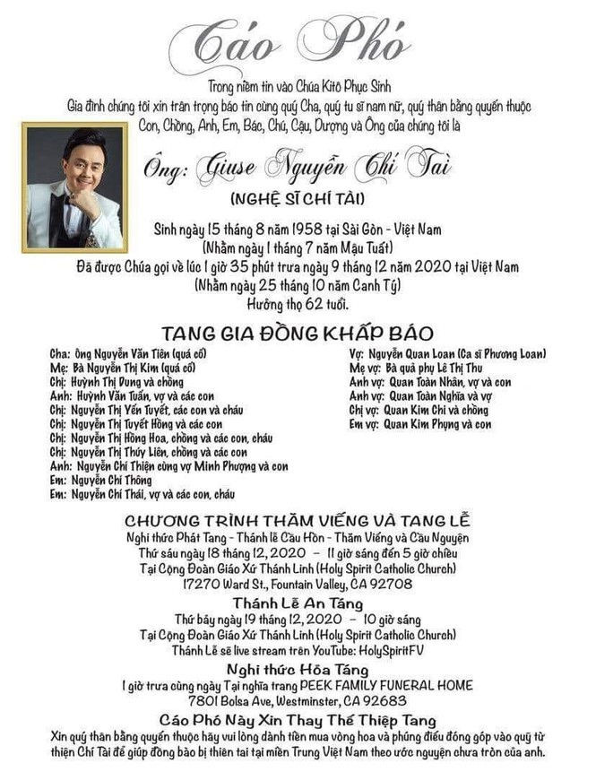 Thông tin tang lễ chính thức của nghệ sĩ Chí Tài ở Mỹ - ảnh 1