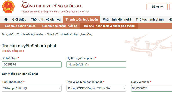 Giao diện thanh toán tiền vi phạm giao thông tích hợp trên Cổng dịch vụ công trực tuyến quốc gia.