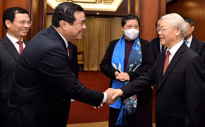 Tổng bí thư, Chủ tịch nước Nguyễn Phú Trọng và các đại biểu dự Hội nghị Trung ương 14, sáng 14/12. Ảnh: VGP/Nhật Bắc