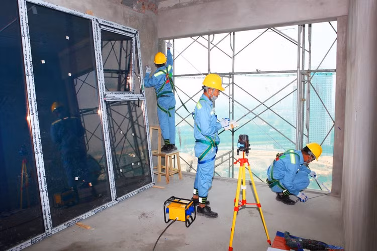 Thí sinh tranh tài ở hạng mục Lắp đặt cửa nhôm kính.