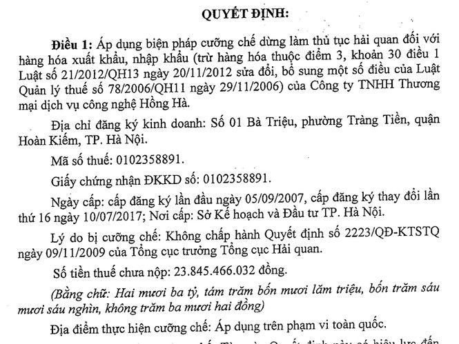Chưa nộp 23,8 tỷ đồng tiền thuế, một công ty bị Hải quan cưỡng chế - ảnh 1