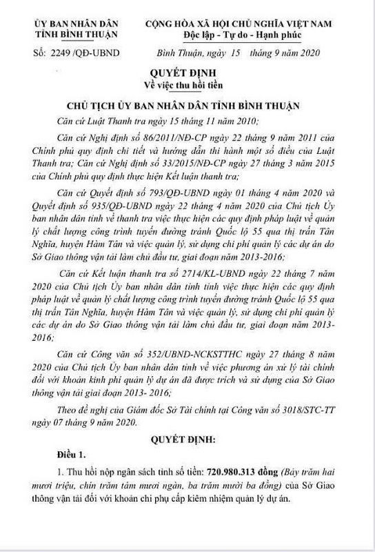 binh thuan yeu cau so giao thong van tai thu hoi khoan 15 chi phi quan ly du an giai doan 2013 2016