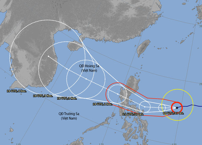 Dự báo hướng đi của bão Goni phát vào tối 30/10. Đồ họa: JMA.