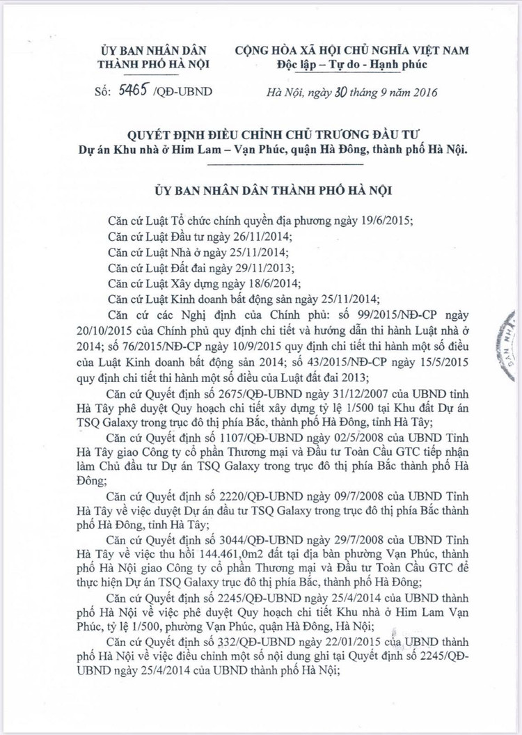 Phó Chủ tịch UBND TP Hà Nội Nguyễn Thế Hùng ký Quyết định điều chỉnh chủ trương đầu tư Dự án Khu nhà ở Him Lam - Vạn Phúc chủ đầu tư là Công ty Toàn Cầu GTC.
