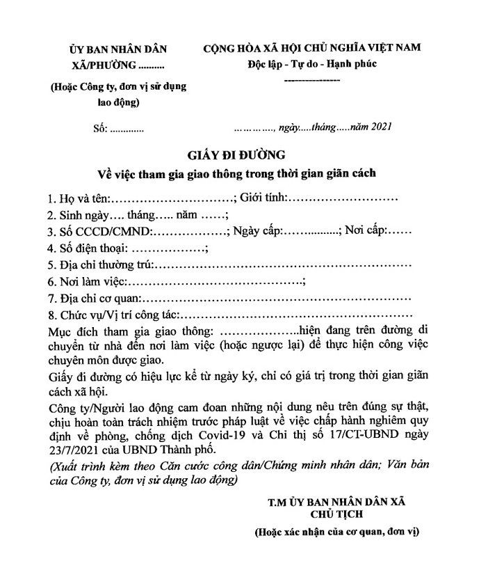 Mẫu giấy thông hành cho 5 nhóm đối tượng lưu thông, ra vào Hà Nội - 1