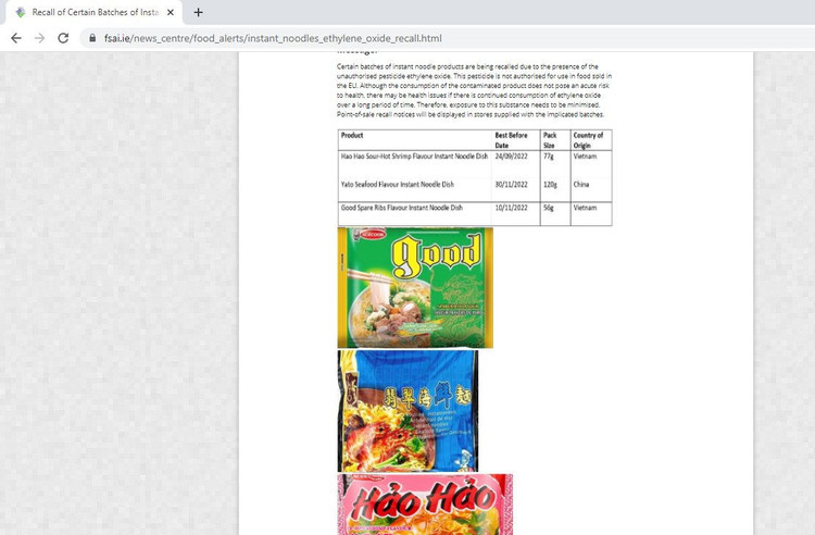 Cơ quan An toàn Thực phẩm Ireland ban hành lệnh thu hồi các sản phẩm mỳ ăn liền do nhiễm ethylene oxide.