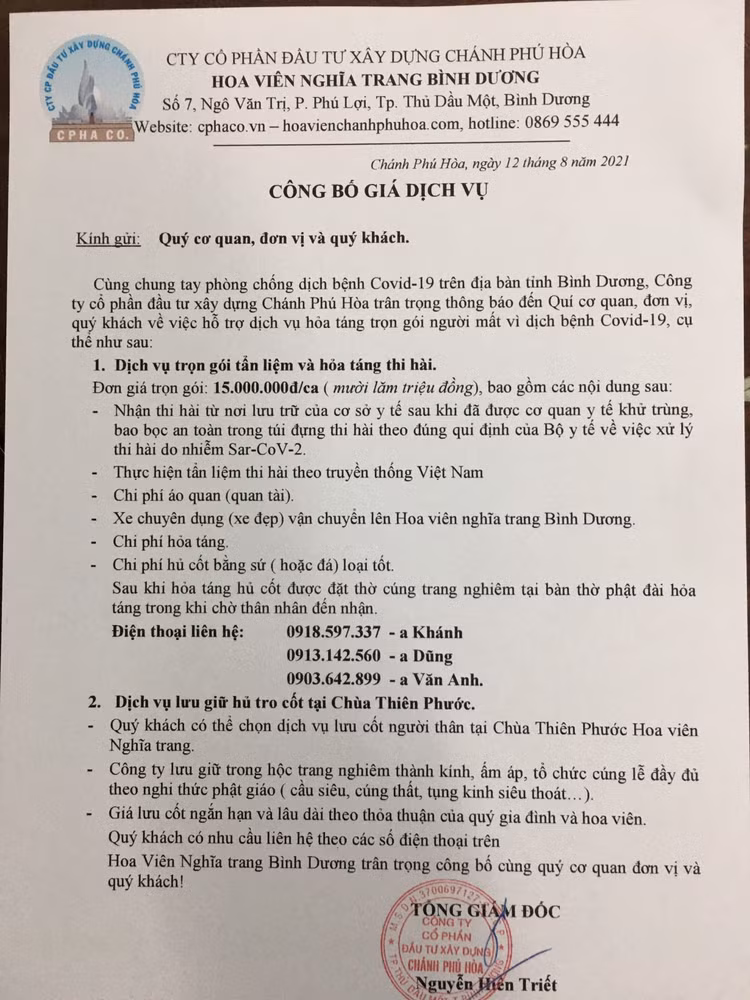 Công ty Cổ phần Đầu tư Xây dựng Chánh Phú Hòa niên yết giá mai táng 15 triệu đồng/trường hợp.