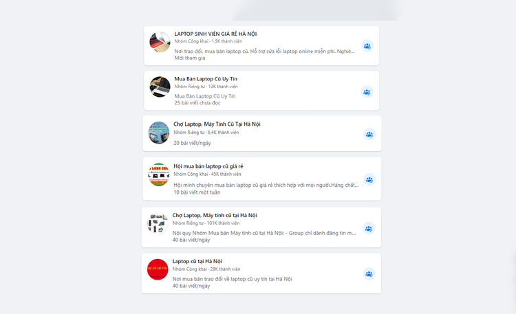 Người có nhu cầu có thể dễ dàng tiếp cận các nhóm mua bán laptop giá rẻ trên các mạng xã hội. Nhiều hội nhóm lên đến hàng trăm nghìn thành viên. Ảnh chụp màn hình
