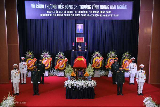 Linh cữu nguyên Phó thủ tướng Trương Vĩnh Trọng tại hội trường lớn UBND tỉnh Bến Tre, ngày 21/2. Ảnh: Quỳnh Trần