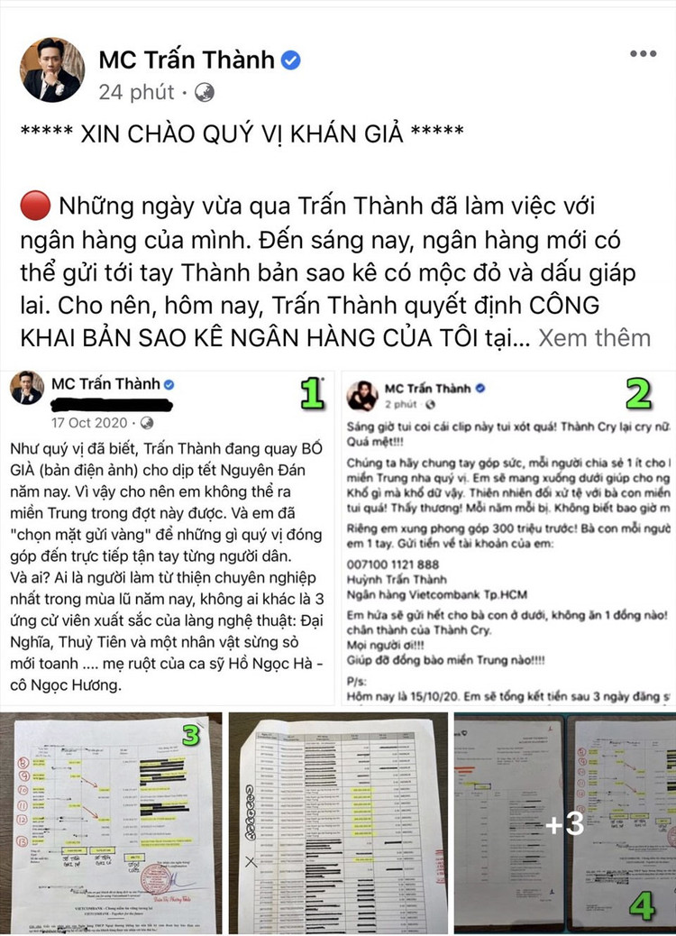 Bài viết của Trấn Thành trên trang cá nhân. Ảnh: CMH
