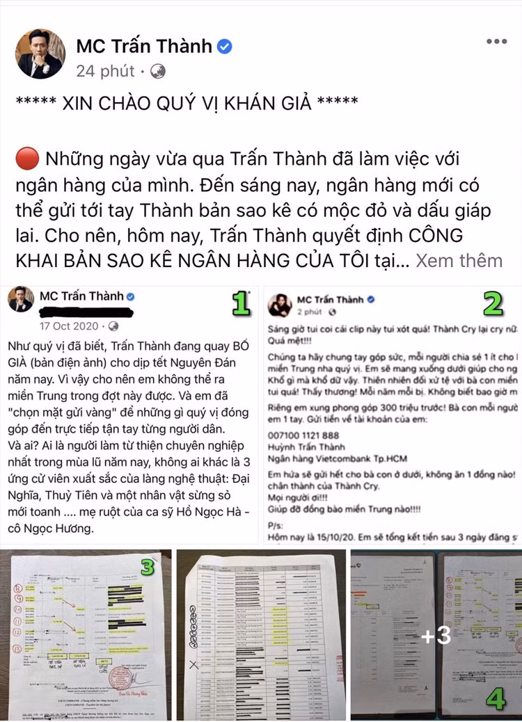 Bài viết của Trấn Thành trên trang cá nhân. Ảnh: CMH