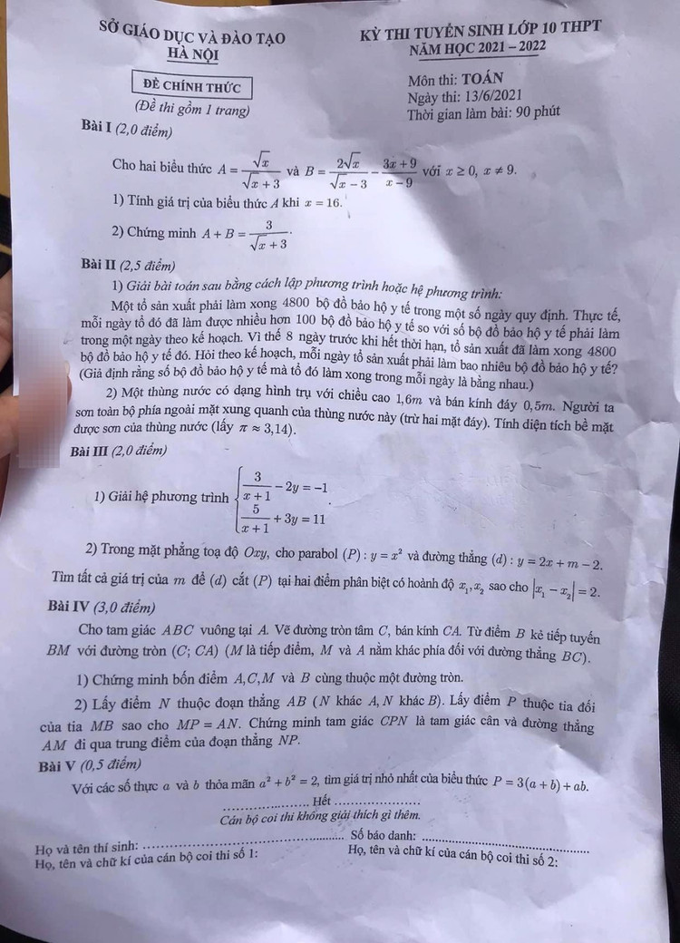 Đáp án gợi ý giải đề thi môn Toán vào lớp 10 THPT của Hà Nội - 2