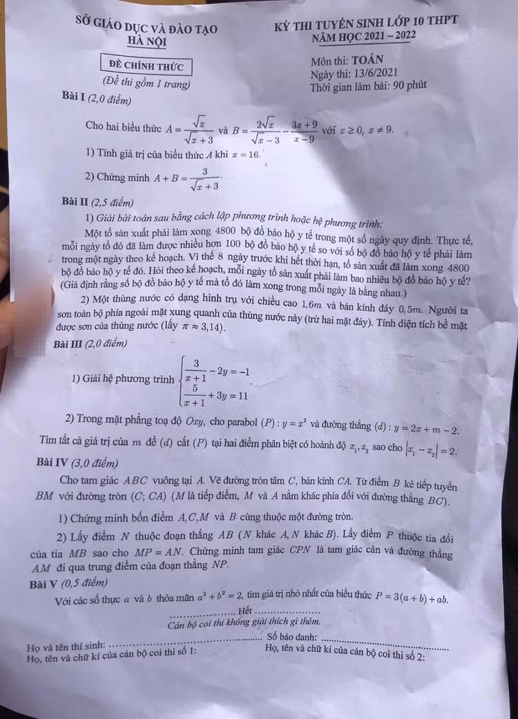 Đáp án gợi ý giải đề thi môn Toán vào lớp 10 THPT của Hà Nội - 2
