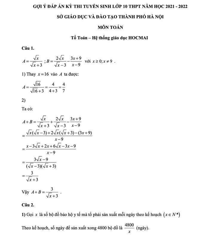 Đáp án gợi ý giải đề thi môn Toán vào lớp 10 THPT của Hà Nội - 3