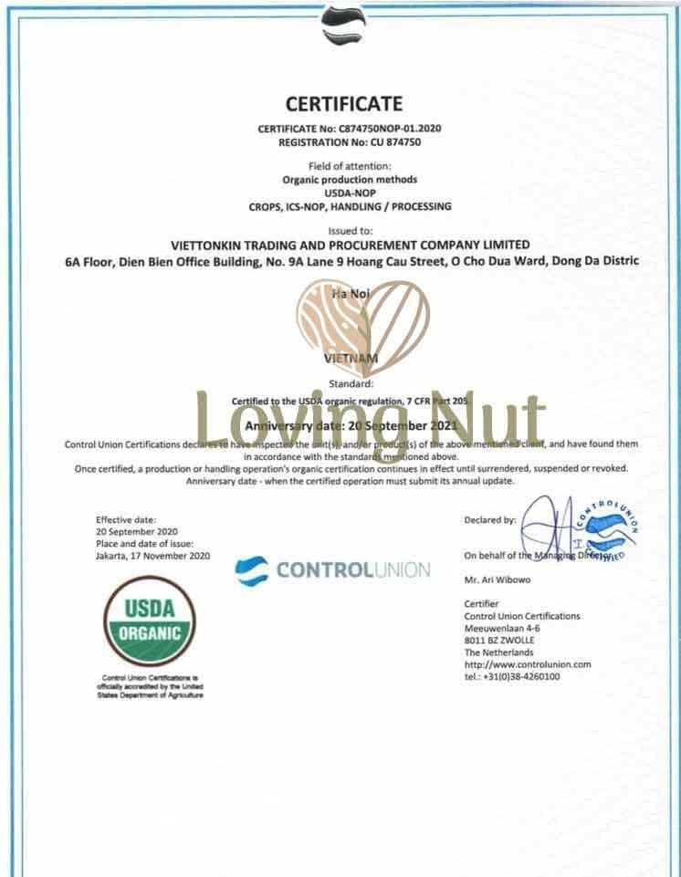 Chứng nhận LovingNut đạt chuẩn xuất khẩu Mỹ và EU.