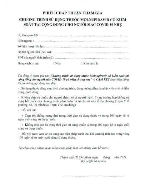 Phiếu chấp thuận tham gia chương trình sử dụng thuốc Molnupiravir có kiểm soát tại cộng đồng cho người mắc COVID-19 nhẹ. Ảnh chụp màn hình.