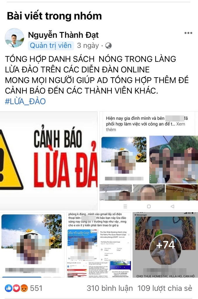 Bài đăng cảnh báo lừa đảo gần đây của anh Đạt trên nhóm thanh lý voucher với hình đăng hàng trăm tài khoản ảo lừa tiền cọc của du khách trên mạng xã hội.